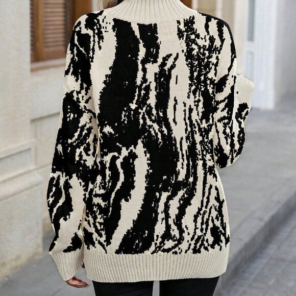 Apricot Casual Women's Graphic Pattern Mock Neck Drop Shoulder Sweater - Picture 2 of 6